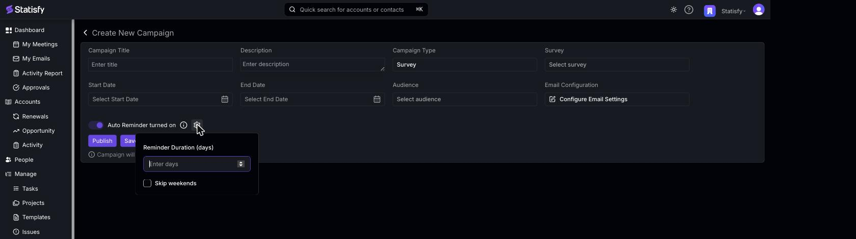 Auto Reminder toggled on with the Reminder Duration and Skip weekends settings