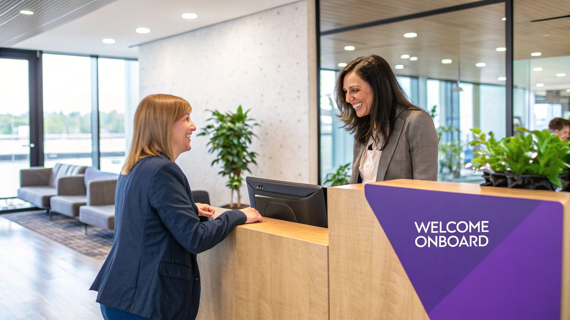 A team of professionals collaborating around a screen, analyzing customer data and planning an onboarding strategy.