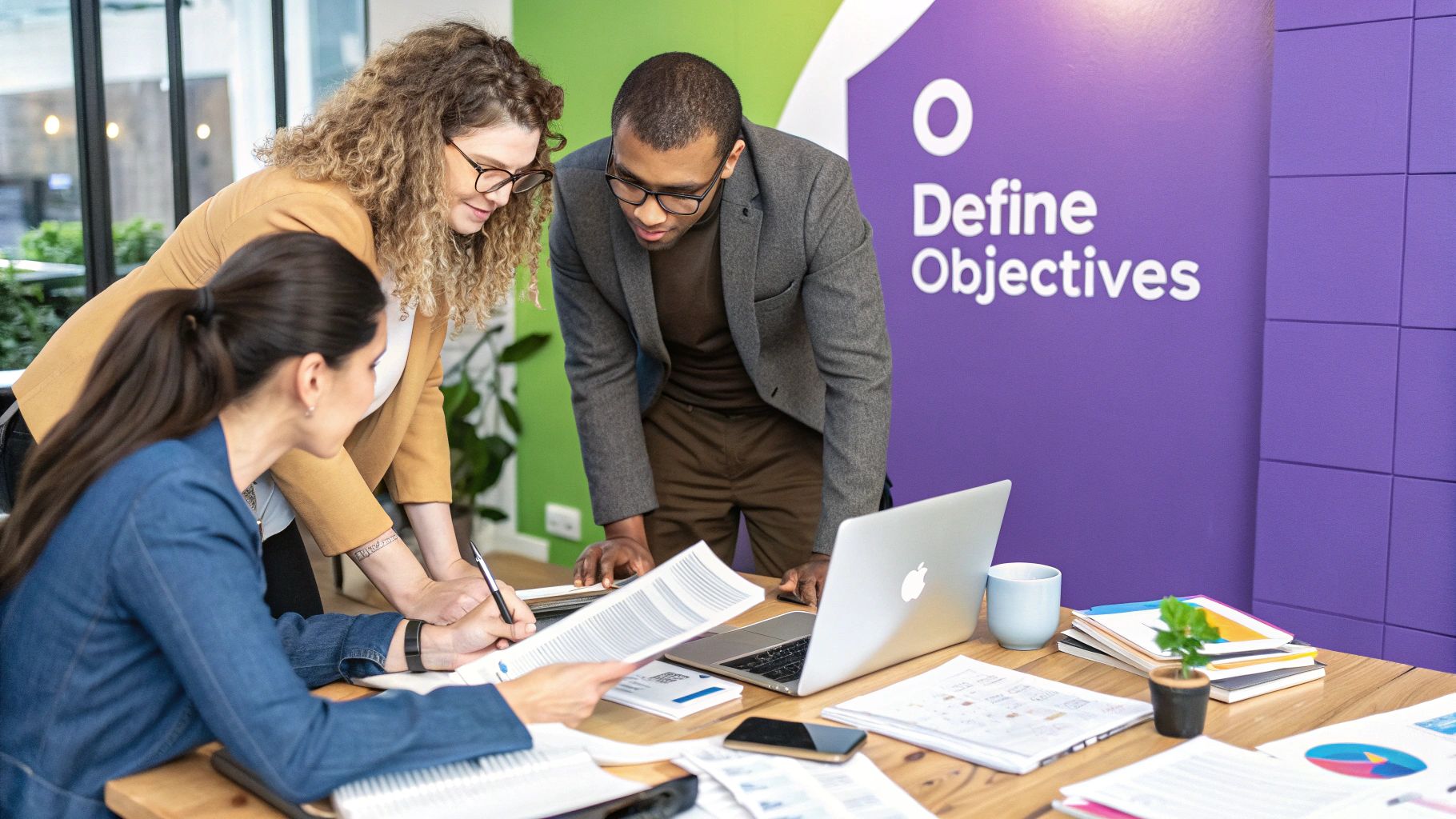 A group of colleagues collaborating around a table, illustrating strategic planning for customer success.