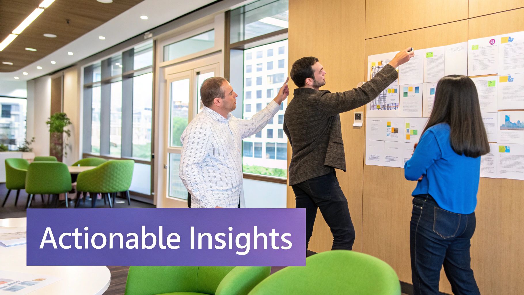 A team of people collaborating around a computer screen with charts and graphs, representing successful scaling of analytics operations.